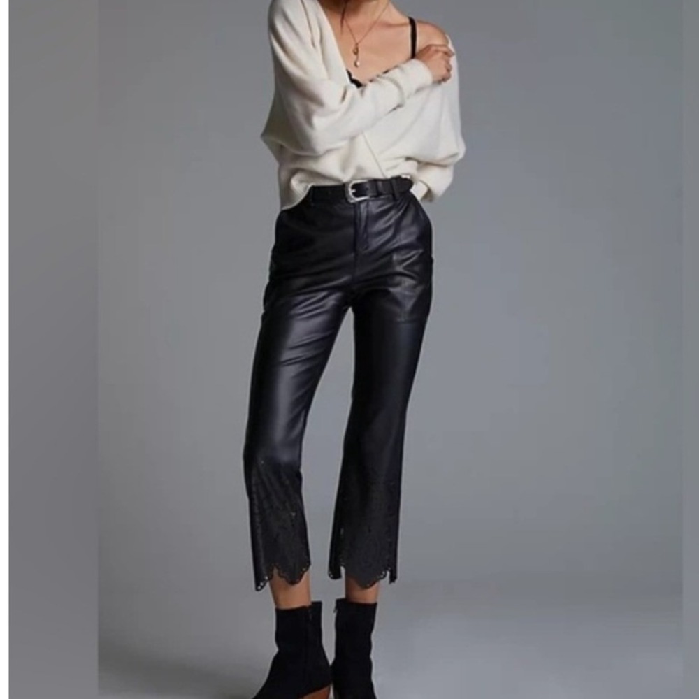 Anthropologie Black Vegan Leather Eyelet Scalloped Hem Pants Size 0